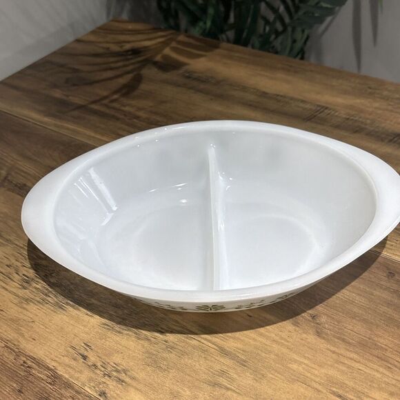 Vintage Glasbake Pyrex 1 QT Green Daisy Milk Divided Casserole Dish J2352 - Picture 2 of 5